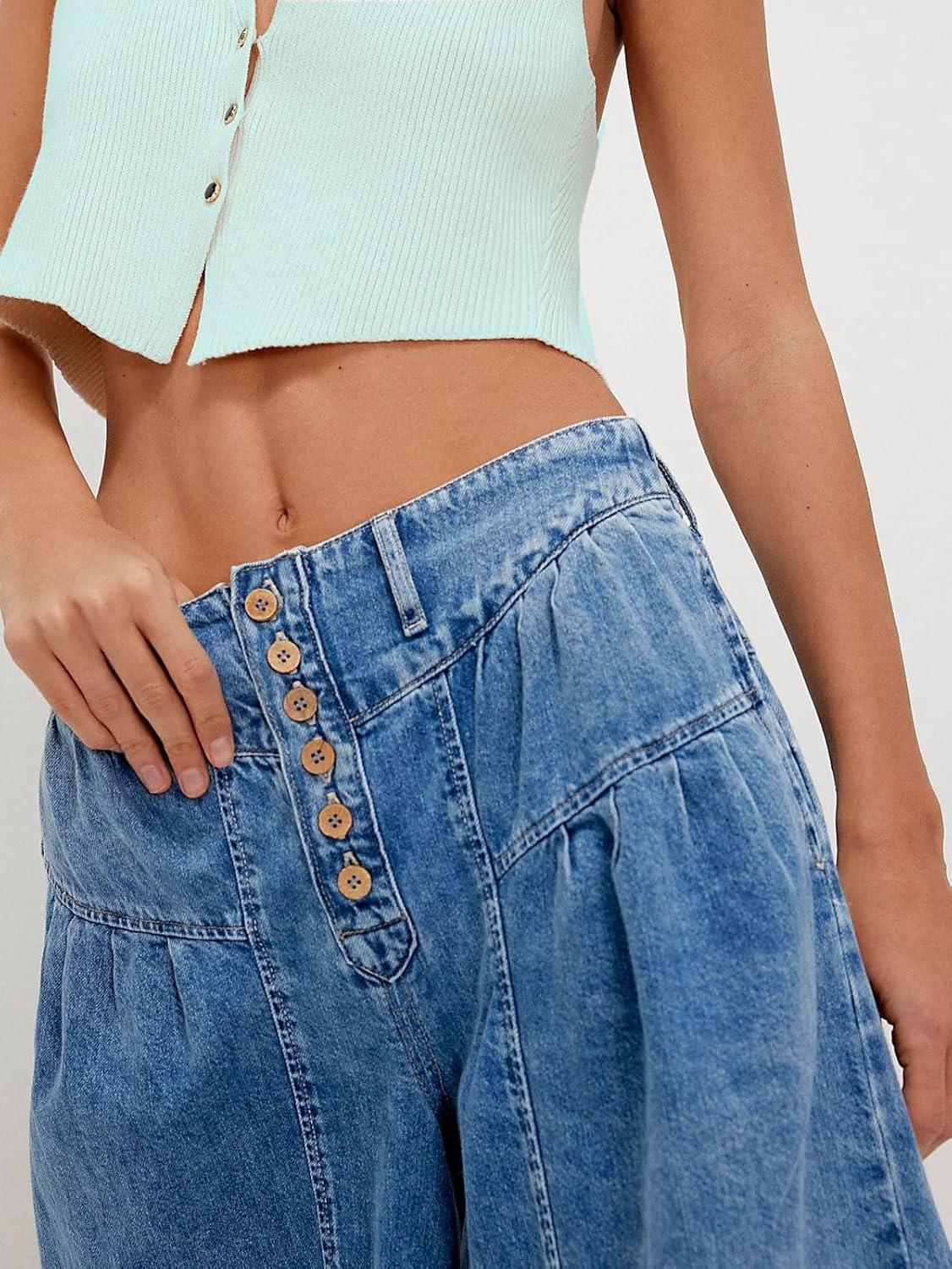 imageCHARTOU Women Flare Wide Leg Jeans Baggy Cropped Mid Rise Jeans Pleated Ruffle Denim Pants with PocketsDark Blue