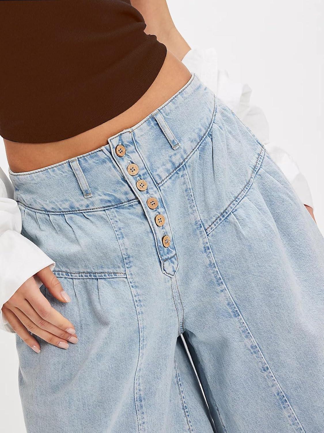 imageCHARTOU Women Flare Wide Leg Jeans Baggy Cropped Mid Rise Jeans Pleated Ruffle Denim Pants with PocketsLight Blue