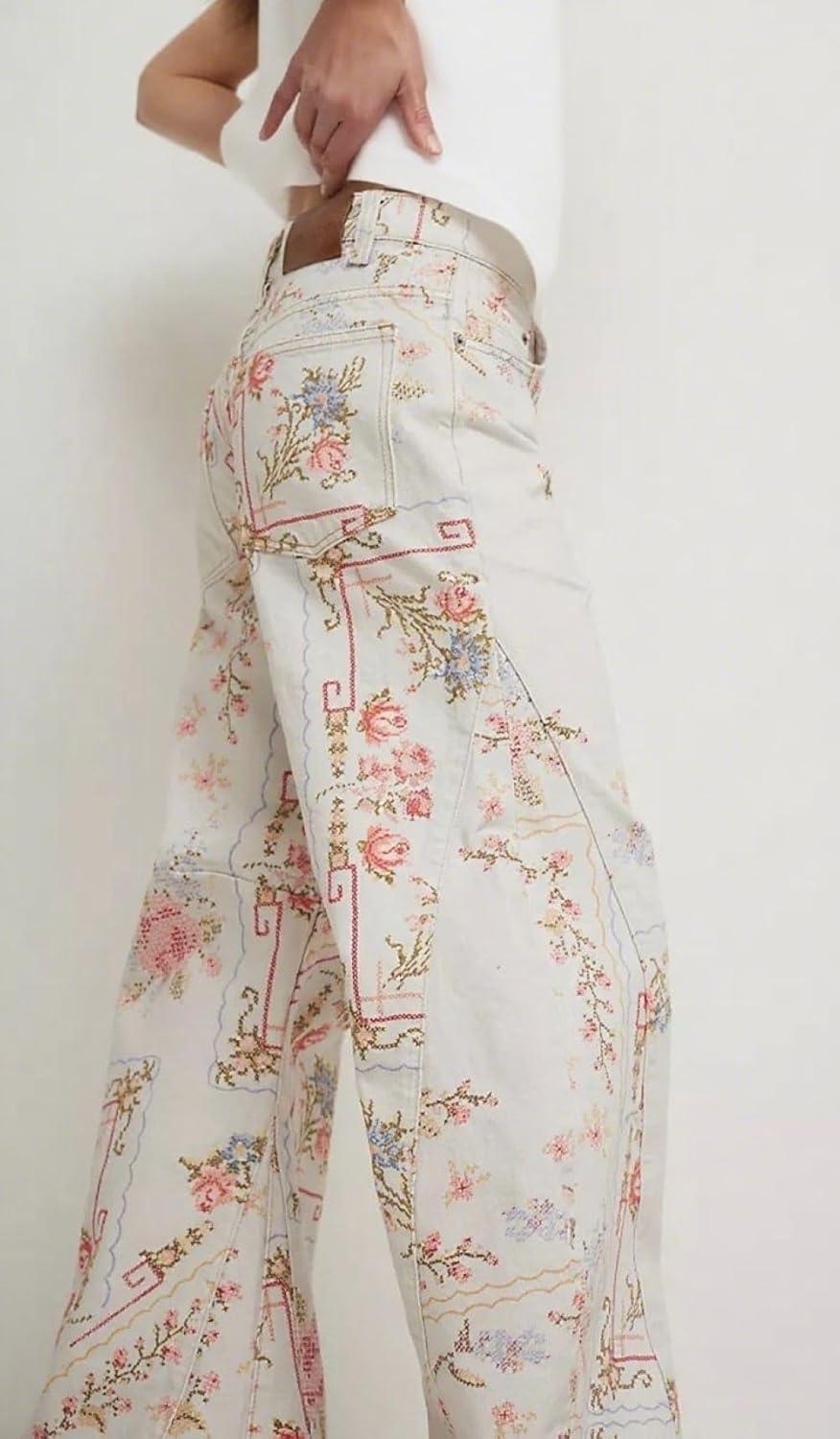 imageCHARTOU Women Floral Denim Wide Leg Pants High Waist Floor Length Baggy Barrel JeansWhite