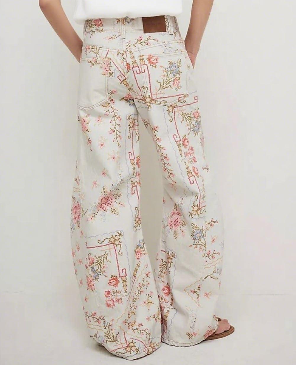 imageCHARTOU Women Floral Denim Wide Leg Pants High Waist Floor Length Baggy Barrel JeansWhite
