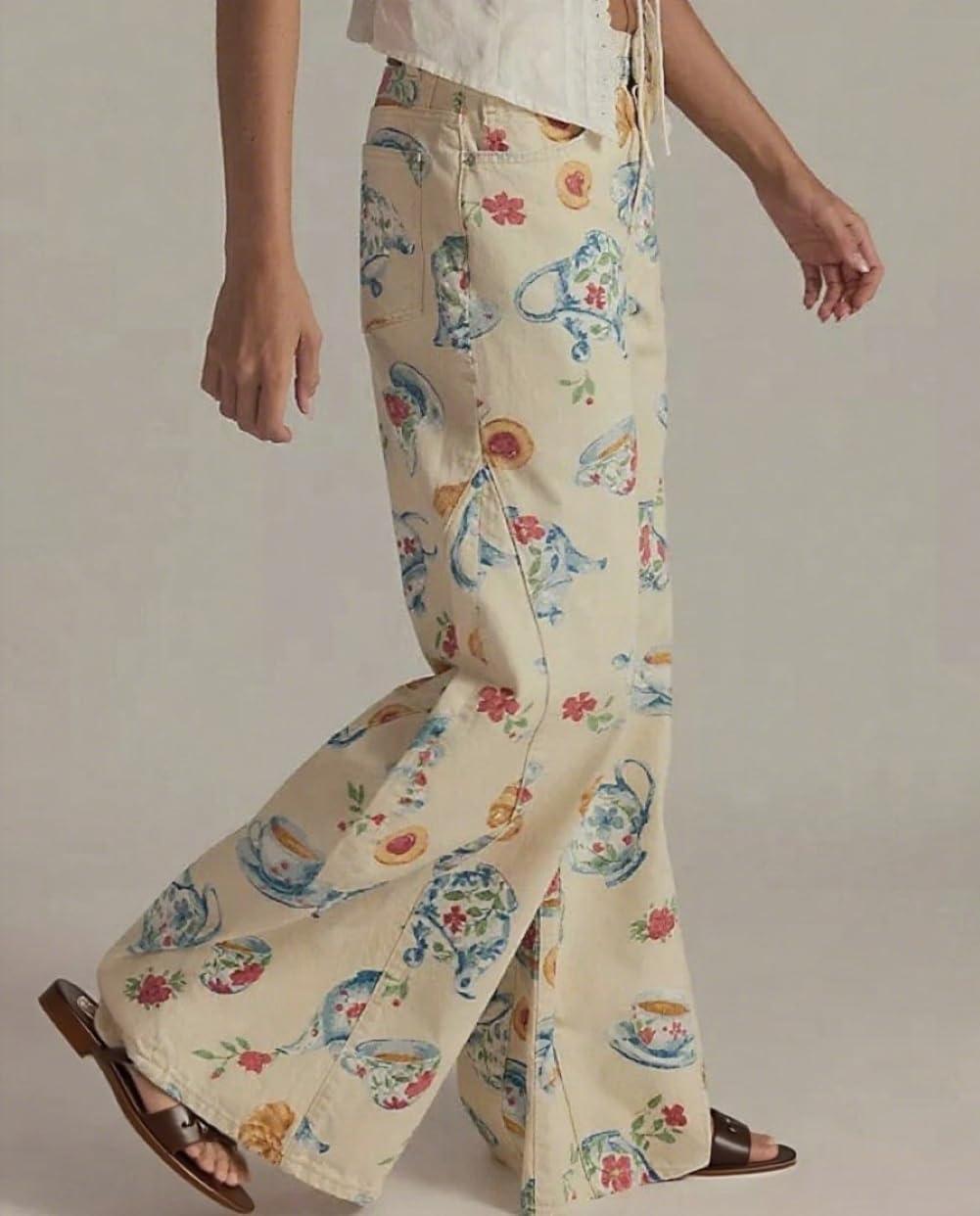 imageCHARTOU Women Floral Denim Wide Leg Pants High Waist Floor Length Baggy Barrel JeansYellow