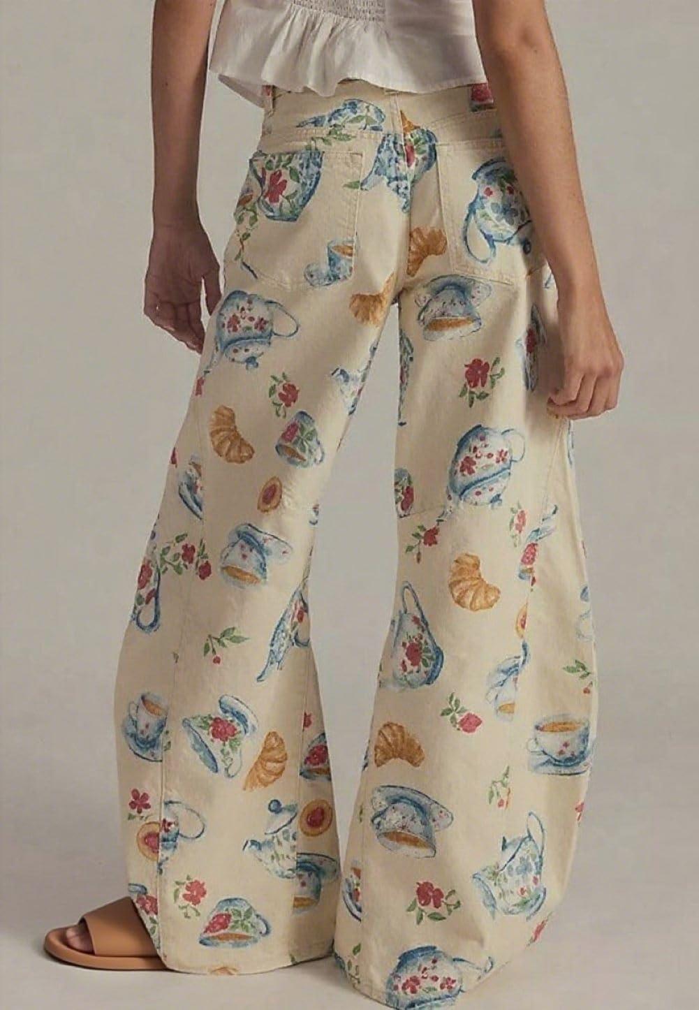 imageCHARTOU Women Floral Denim Wide Leg Pants High Waist Floor Length Baggy Barrel JeansYellow