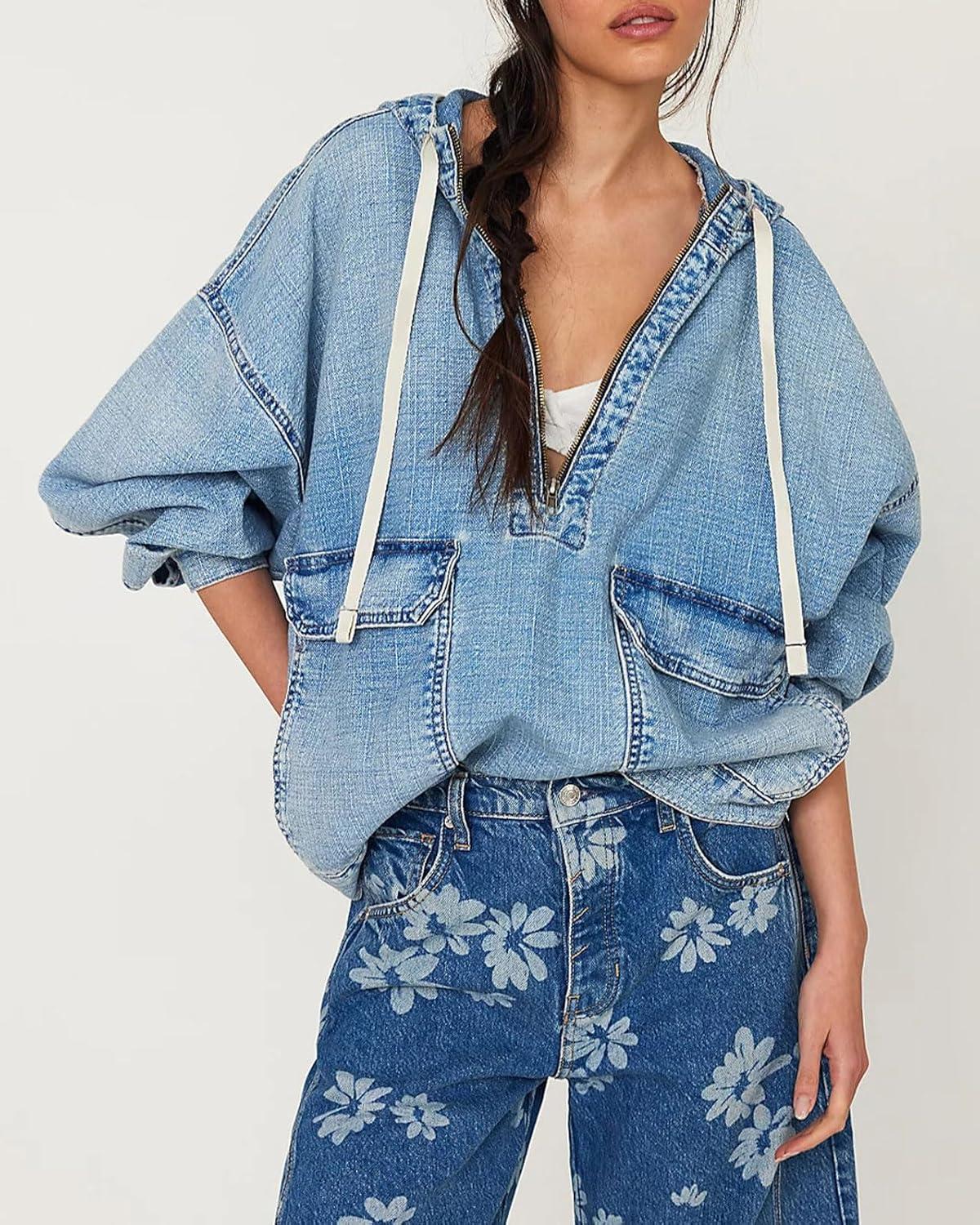 imageCHARTOU Women Half Zip Up Oversized Denim Hoodie Sweatshirt Pullover Boyfriend Patchwork Jean Top StreetwearBlue