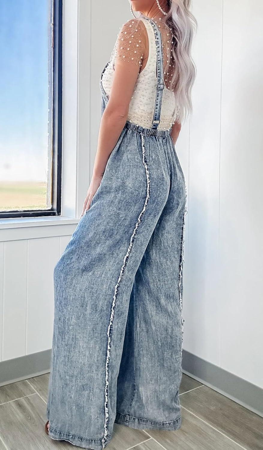 imageCHARTOU Women Loose Fit Denim Jumpsuit Adjustable Straps Wide Leg Long Pants Frayed Jean OverallsBlue