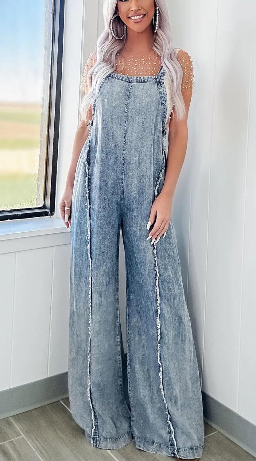imageCHARTOU Women Loose Fit Denim Jumpsuit Adjustable Straps Wide Leg Long Pants Frayed Jean OverallsBlue