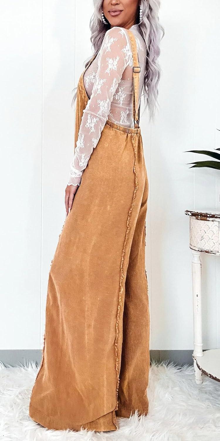 imageCHARTOU Women Loose Fit Denim Jumpsuit Adjustable Straps Wide Leg Long Pants Frayed Jean OverallsTan