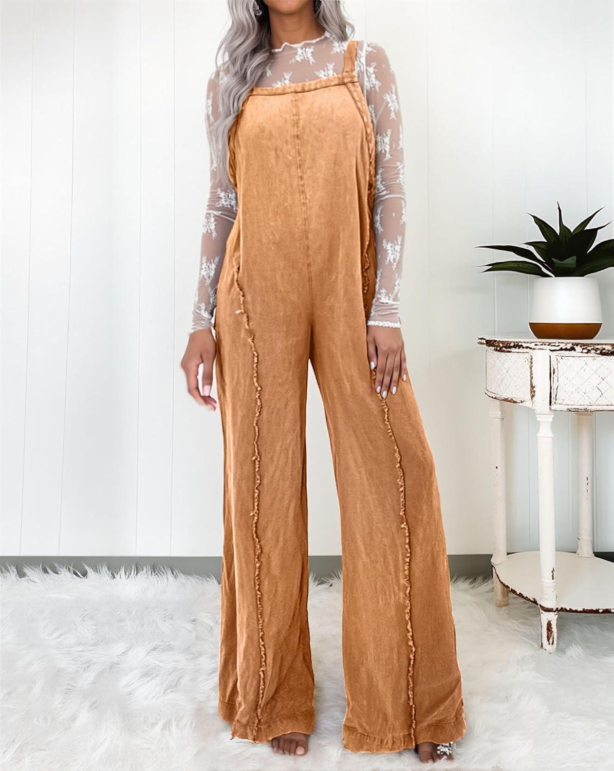 imageCHARTOU Women Loose Fit Denim Jumpsuit Adjustable Straps Wide Leg Long Pants Frayed Jean OverallsTan