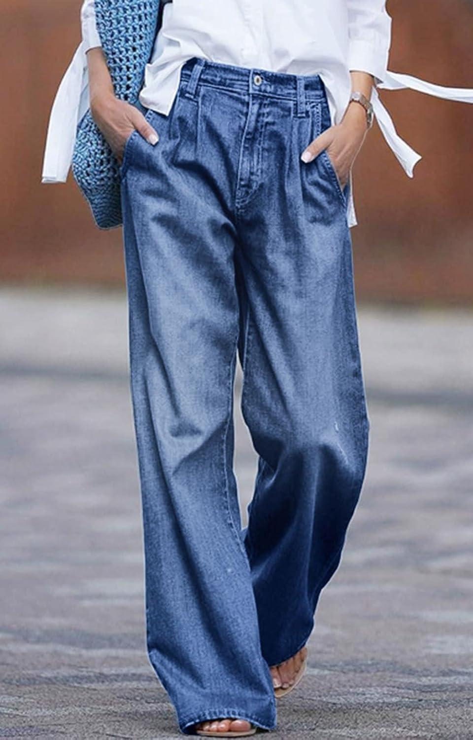 imageCHARTOU Women Loose Wide Leg Jeans Denim Pants Palazzo Jeans Flare Gaucho Pants Lounge Chambray PantsBlue