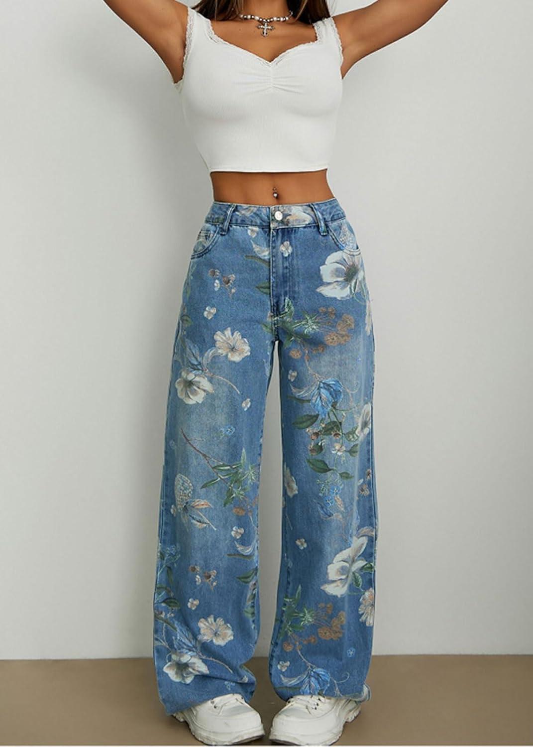 imageCHARTOU Women Mid Rise Floral Printed Straight Leg Jeans Baggy Summer Patchwork Denim PantsBlue