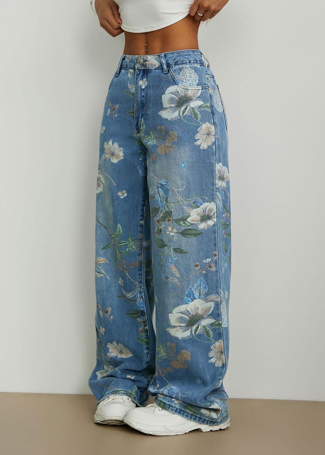 imageCHARTOU Women Mid Rise Floral Printed Straight Leg Jeans Baggy Summer Patchwork Denim PantsBlue