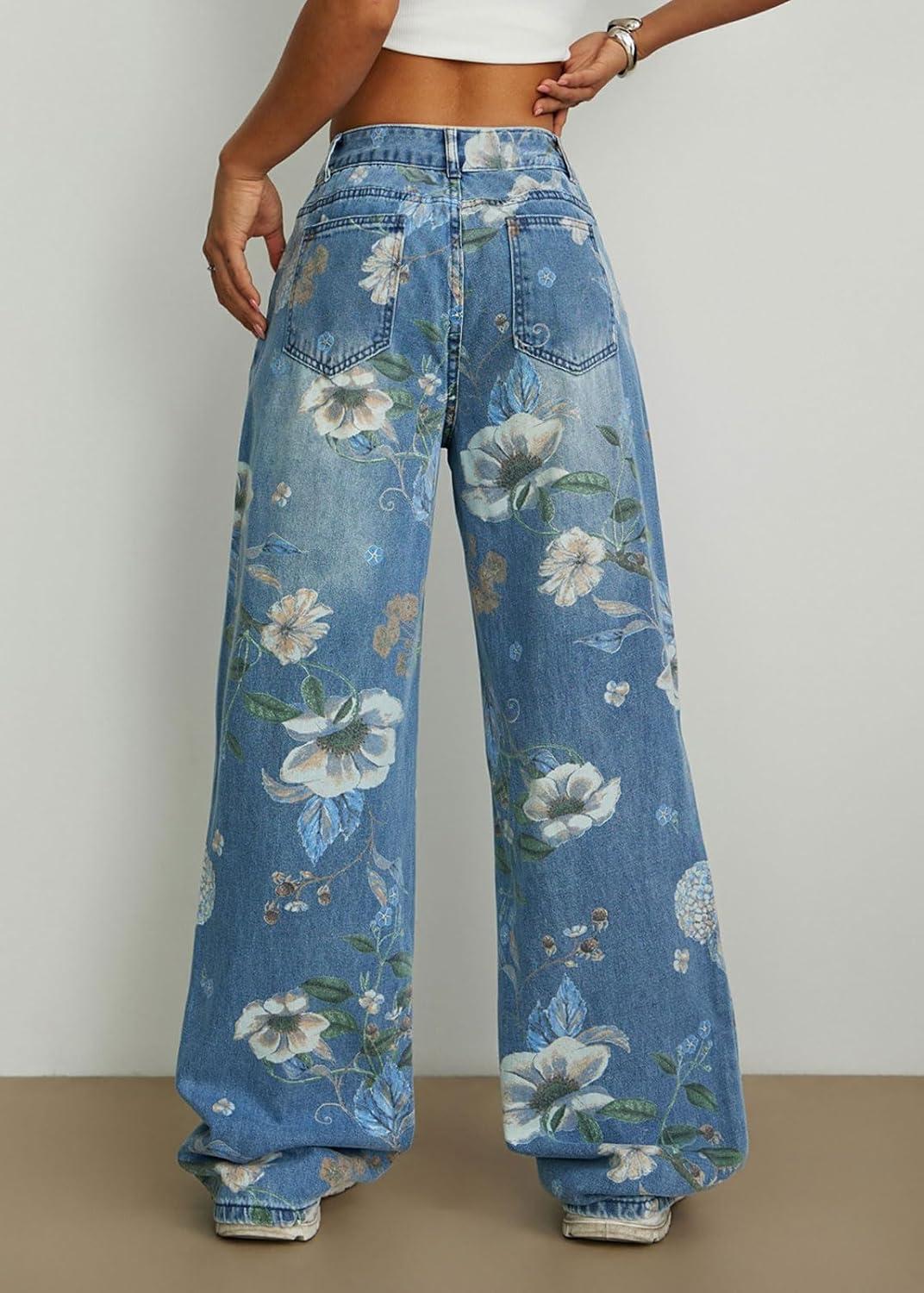 imageCHARTOU Women Mid Rise Floral Printed Straight Leg Jeans Baggy Summer Patchwork Denim PantsBlue