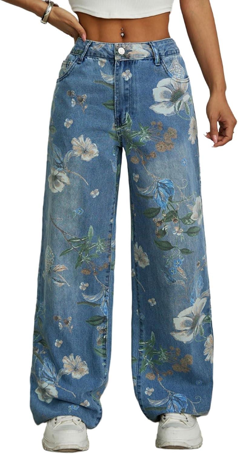 imageCHARTOU Women Mid Rise Floral Printed Straight Leg Jeans Baggy Summer Patchwork Denim PantsBlue
