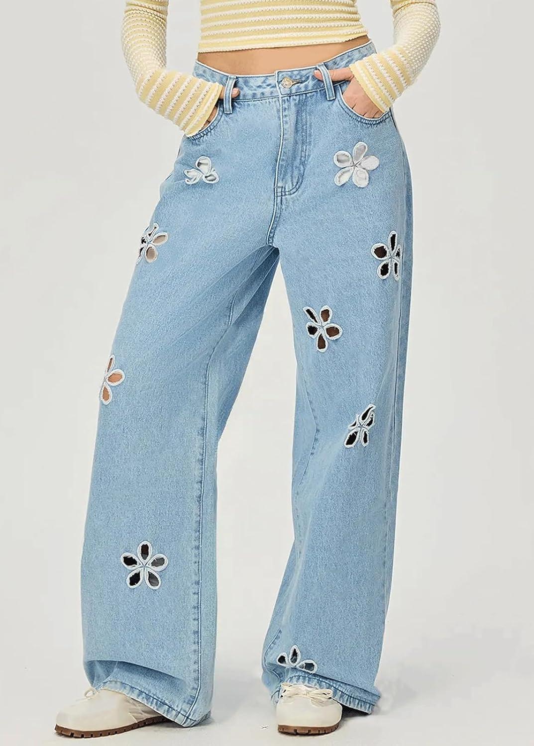 imageCHARTOU Women Mid Waisted Hollow Out Floral Jeans Straight Wide Leg Baggy Jeans Denim PantsBlue
