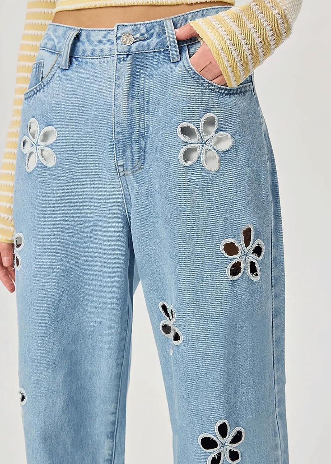 imageCHARTOU Women Mid Waisted Hollow Out Floral Jeans Straight Wide Leg Baggy Jeans Denim PantsBlue