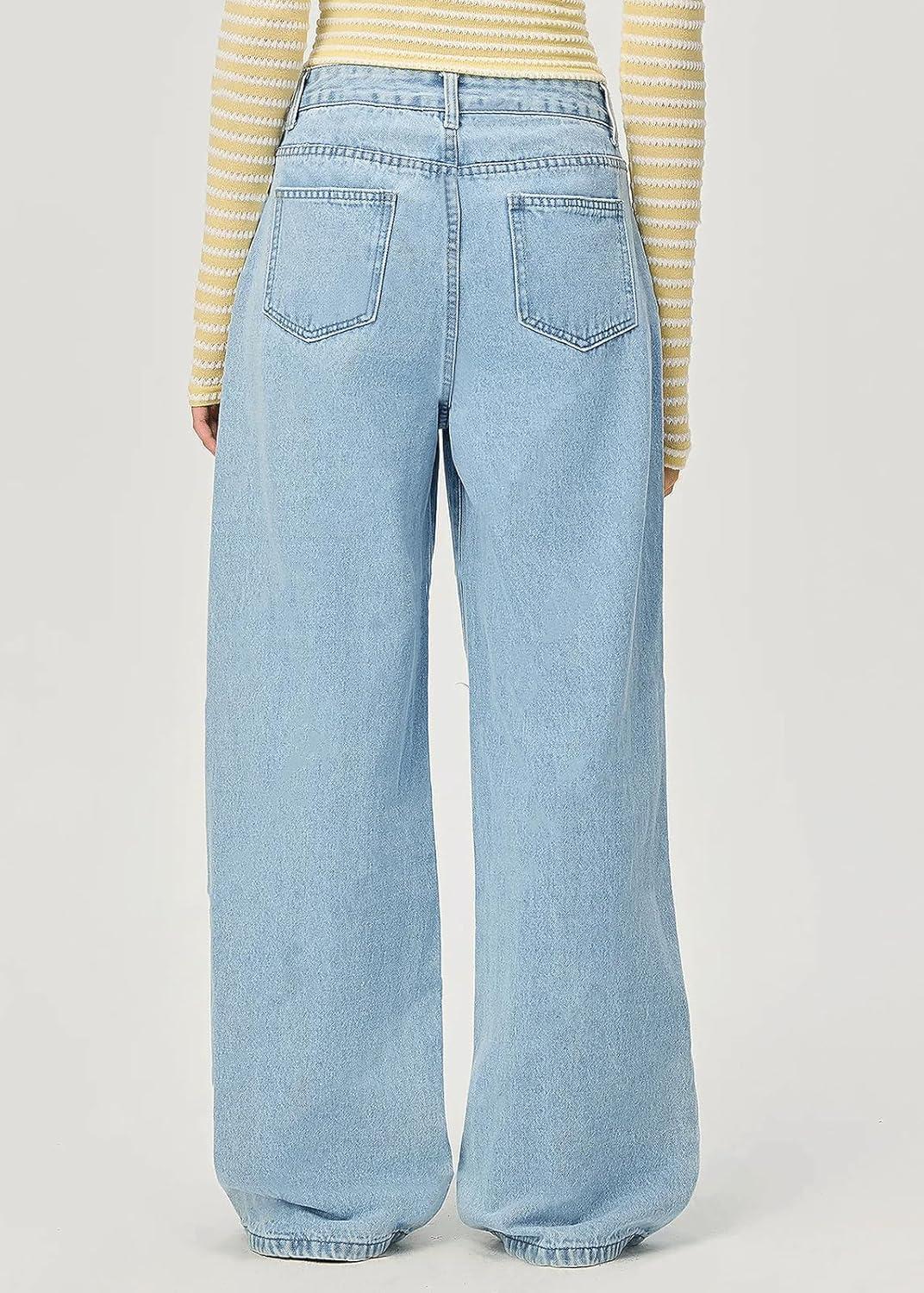 imageCHARTOU Women Mid Waisted Hollow Out Floral Jeans Straight Wide Leg Baggy Jeans Denim PantsBlue