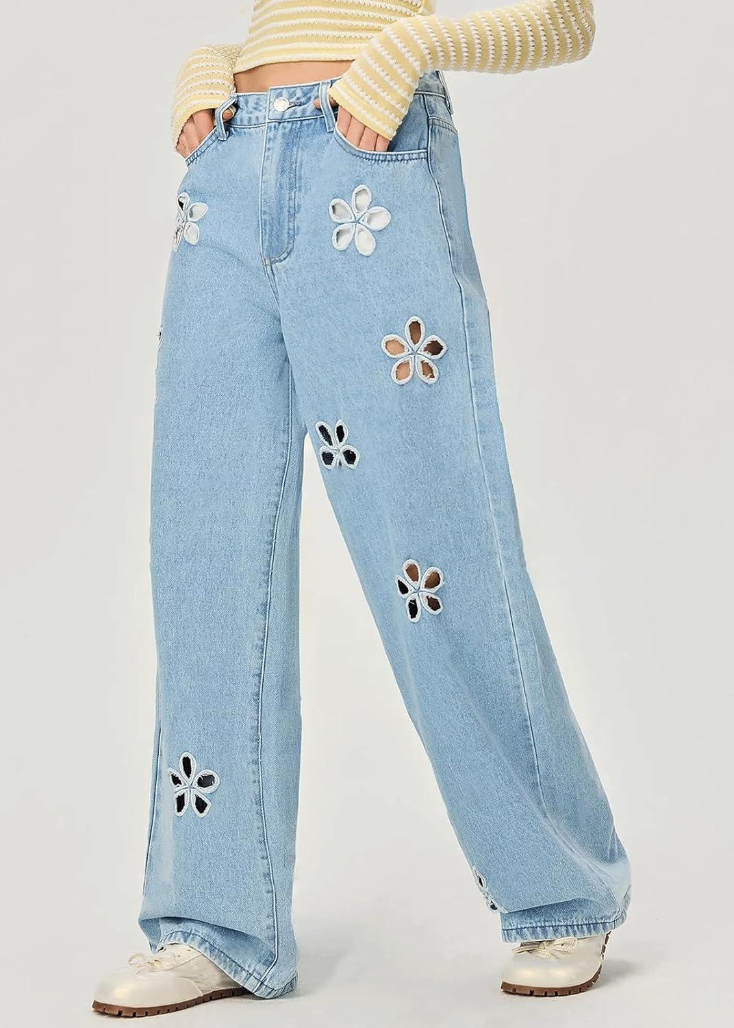 imageCHARTOU Women Mid Waisted Hollow Out Floral Jeans Straight Wide Leg Baggy Jeans Denim PantsBlue
