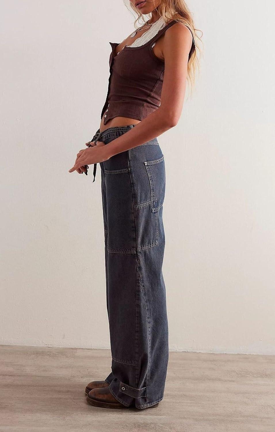 imageCHARTOU Women Patchwork Denim Wide Leg Pants Tie Front Drawstring Floor Length Straight Baggy Boyfriend Jeans with PocketsBlack