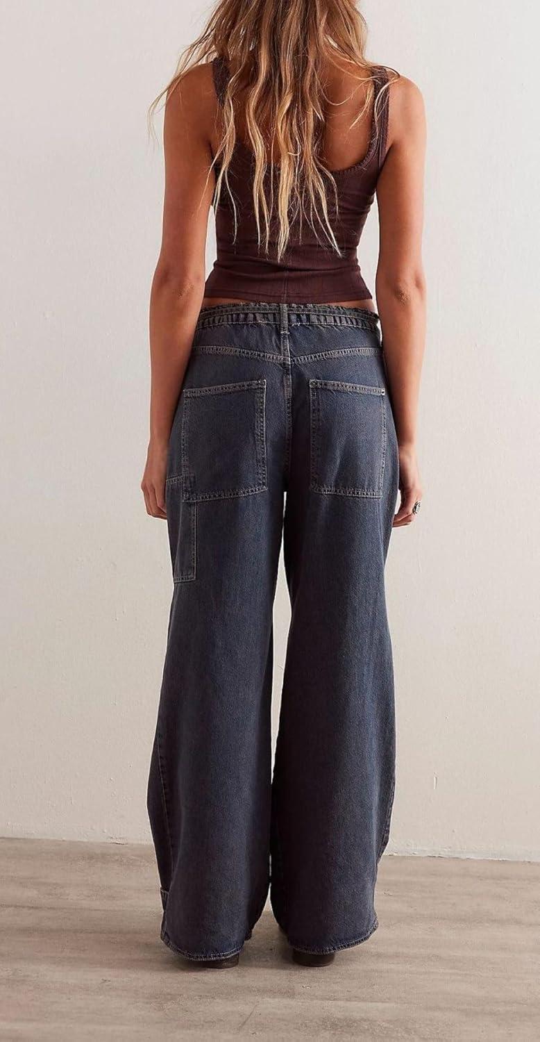 imageCHARTOU Women Patchwork Denim Wide Leg Pants Tie Front Drawstring Floor Length Straight Baggy Boyfriend Jeans with PocketsBlack