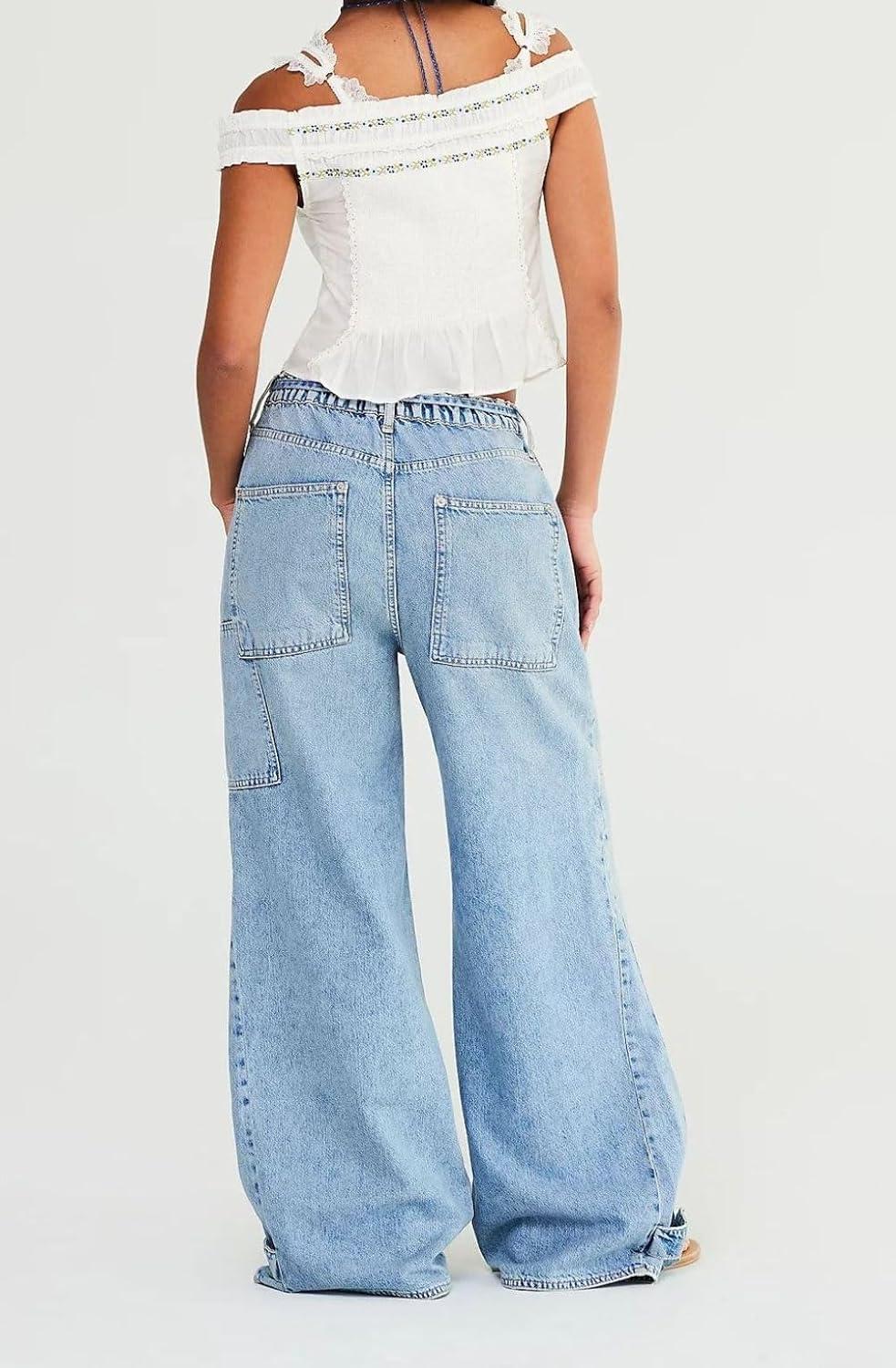 imageCHARTOU Women Patchwork Denim Wide Leg Pants Tie Front Drawstring Floor Length Straight Baggy Boyfriend Jeans with PocketsBlue