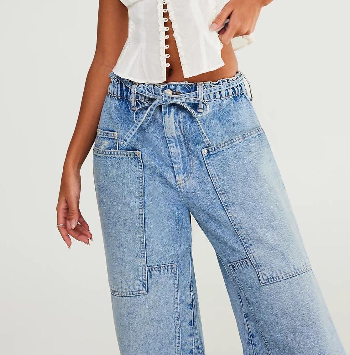 imageCHARTOU Women Patchwork Denim Wide Leg Pants Tie Front Drawstring Floor Length Straight Baggy Boyfriend Jeans with PocketsBlue