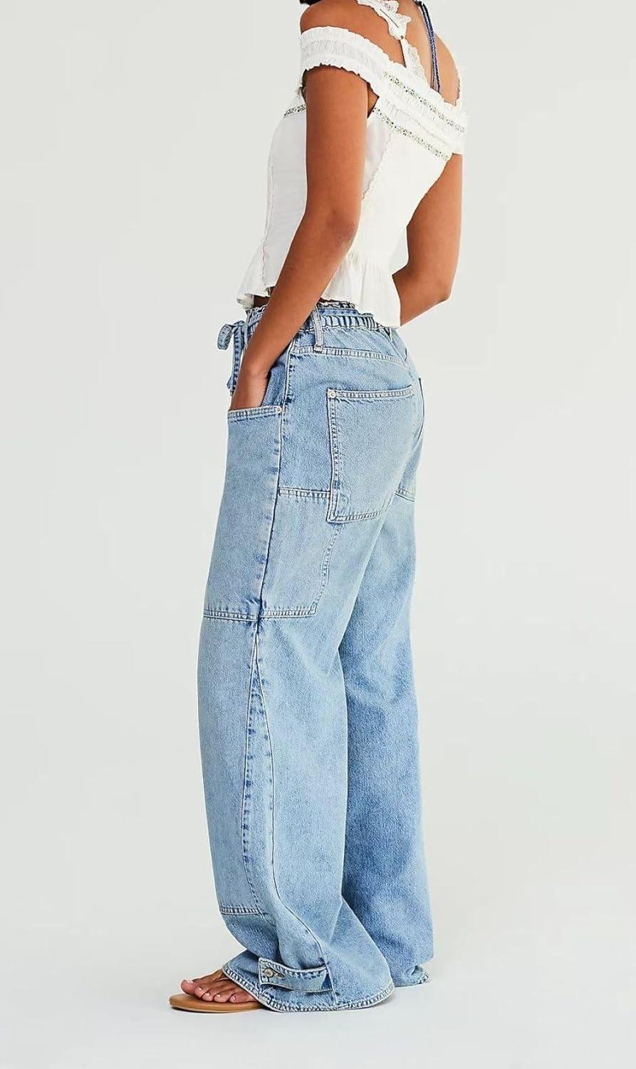 imageCHARTOU Women Patchwork Denim Wide Leg Pants Tie Front Drawstring Floor Length Straight Baggy Boyfriend Jeans with PocketsBlue