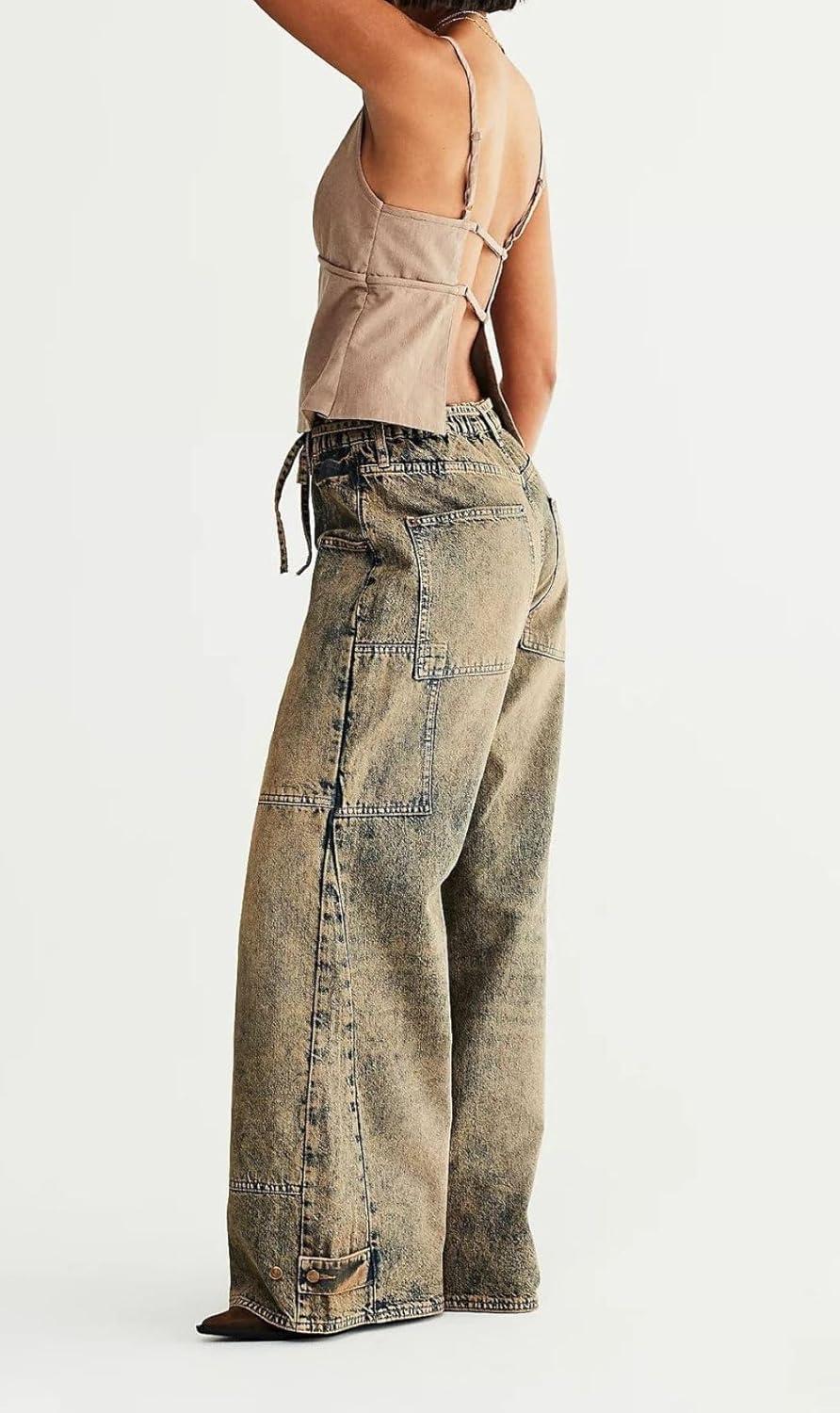 imageCHARTOU Women Patchwork Denim Wide Leg Pants Tie Front Drawstring Floor Length Straight Baggy Boyfriend Jeans with PocketsRetro Blue