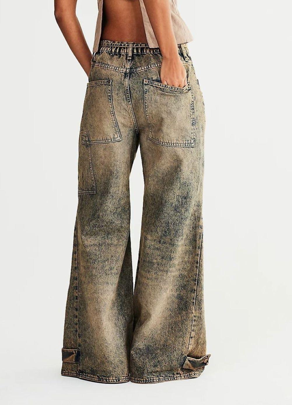 imageCHARTOU Women Patchwork Denim Wide Leg Pants Tie Front Drawstring Floor Length Straight Baggy Boyfriend Jeans with PocketsRetro Blue