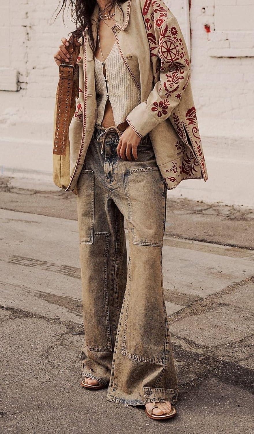 imageCHARTOU Women Patchwork Denim Wide Leg Pants Tie Front Drawstring Floor Length Straight Baggy Boyfriend Jeans with PocketsRetro Blue