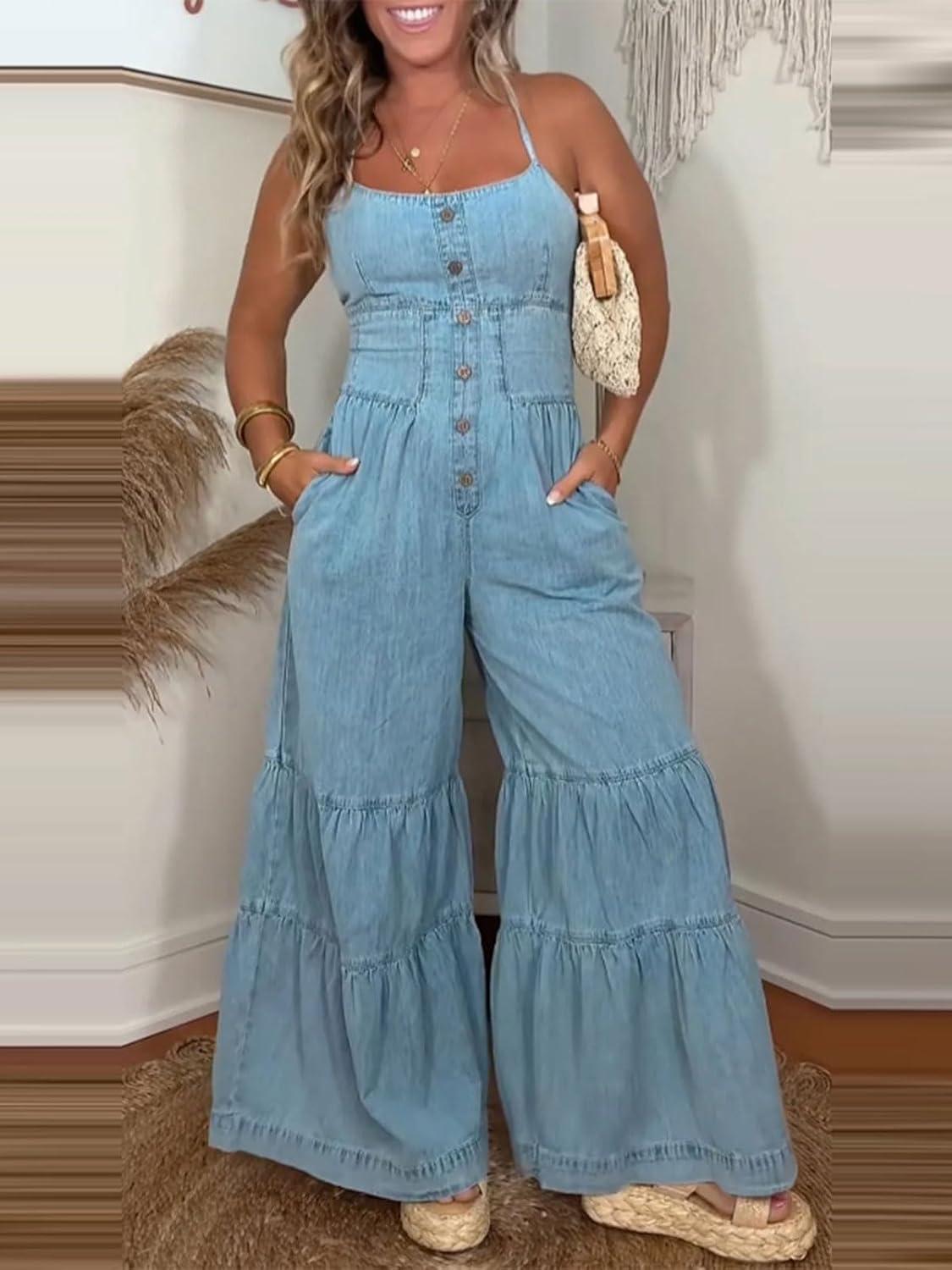 imageCHARTOU Women Ruffle Flare Wide Leg Denim Jumpsuit Baggy Jeans Pants Tie Knot Ruched Jean Overall with PocketsBlue