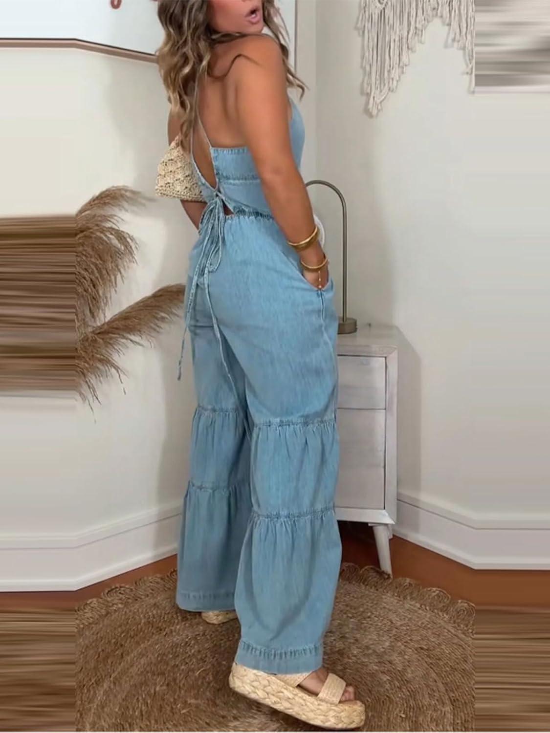imageCHARTOU Women Ruffle Flare Wide Leg Denim Jumpsuit Baggy Jeans Pants Tie Knot Ruched Jean Overall with PocketsBlue