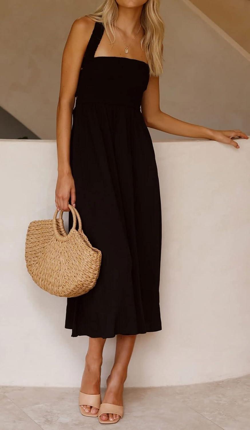 imageCHARTOU Women Sexy Spaghetti Strap Cut Out Smocked Dress Party Backless Flowy Midi Dress with PocketBlack