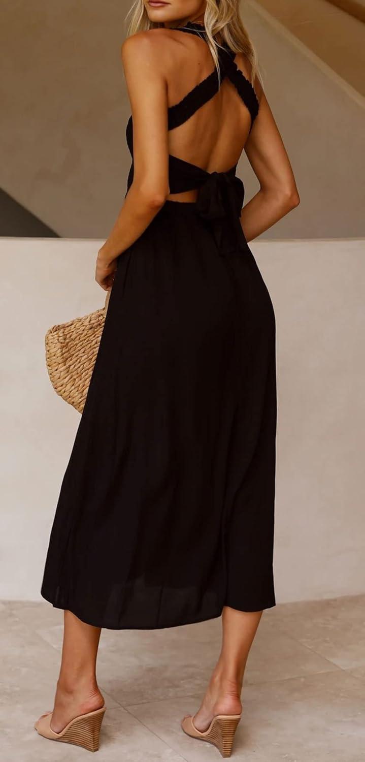 imageCHARTOU Women Sexy Spaghetti Strap Cut Out Smocked Dress Party Backless Flowy Midi Dress with PocketBlack