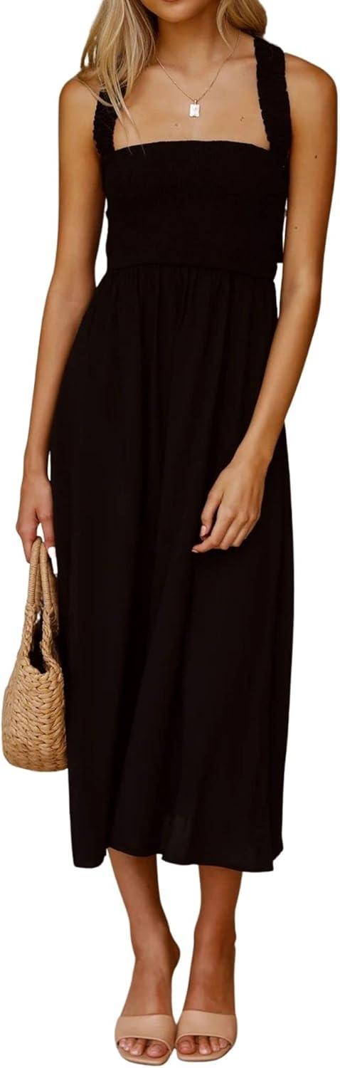 imageCHARTOU Women Sexy Spaghetti Strap Cut Out Smocked Dress Party Backless Flowy Midi Dress with PocketBlack