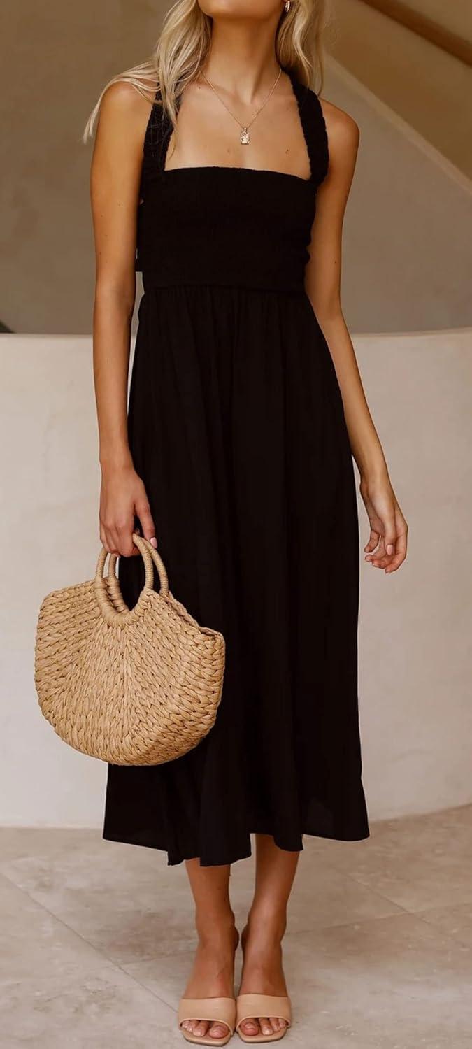 imageCHARTOU Women Sexy Spaghetti Strap Cut Out Smocked Dress Party Backless Flowy Midi Dress with PocketBlack