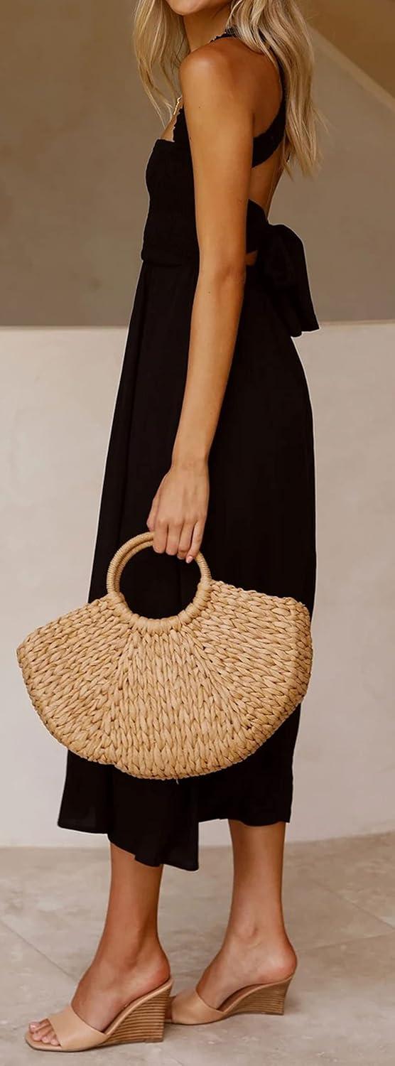 imageCHARTOU Women Sexy Spaghetti Strap Cut Out Smocked Dress Party Backless Flowy Midi Dress with PocketBlack