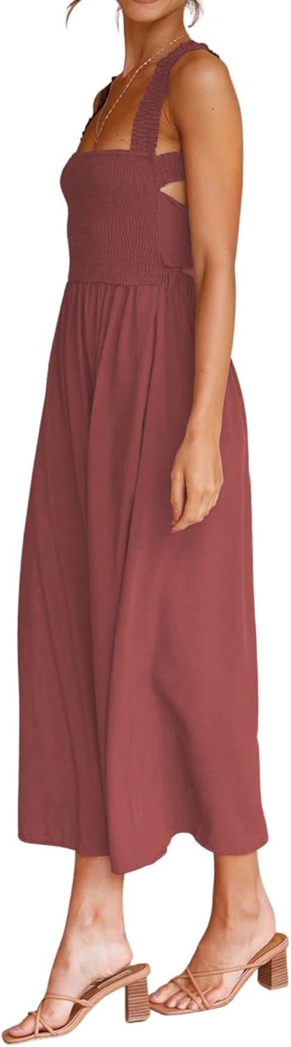 imageCHARTOU Women Sexy Spaghetti Strap Cut Out Smocked Dress Party Backless Flowy Midi Dress with PocketBrown