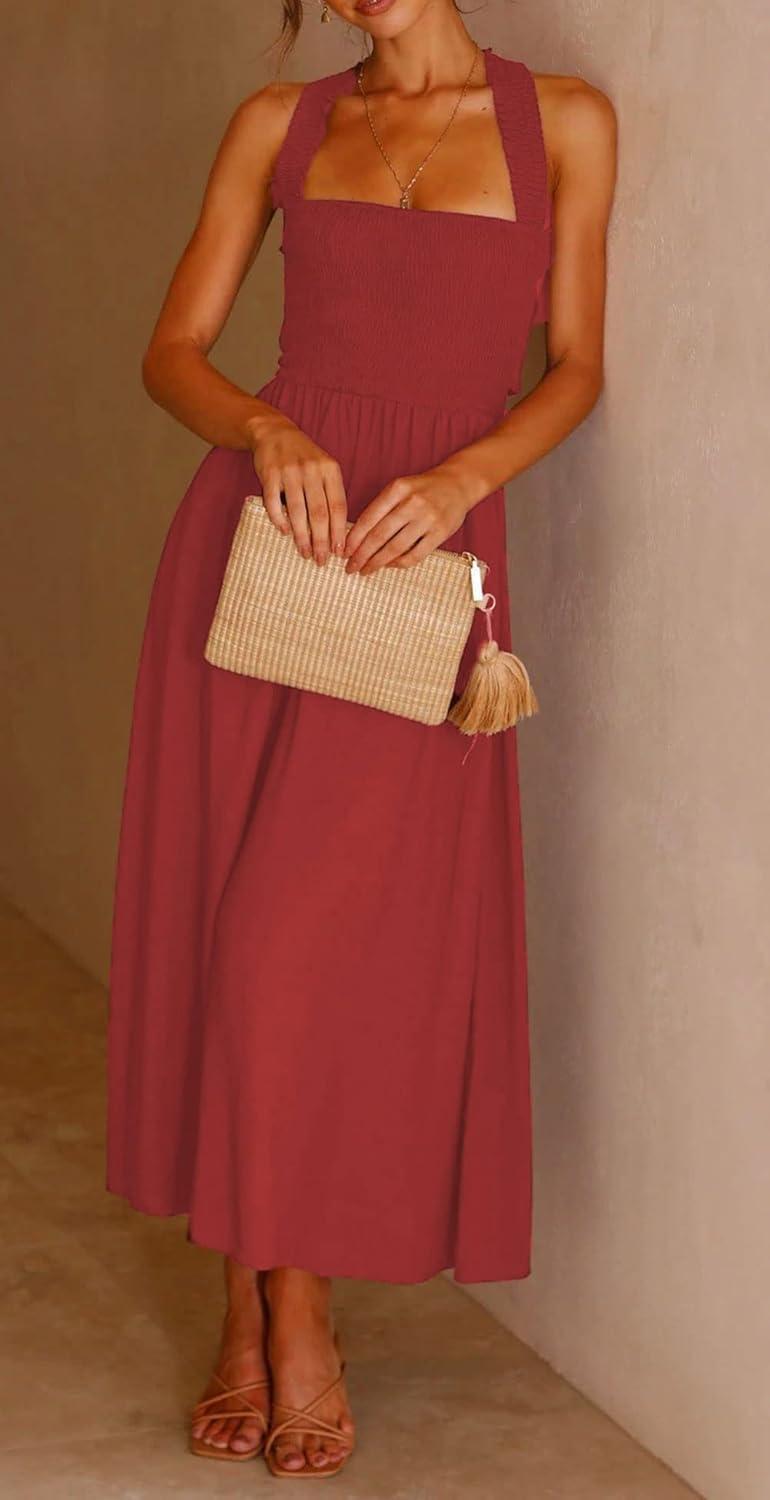 imageCHARTOU Women Sexy Spaghetti Strap Cut Out Smocked Dress Party Backless Flowy Midi Dress with PocketBrown