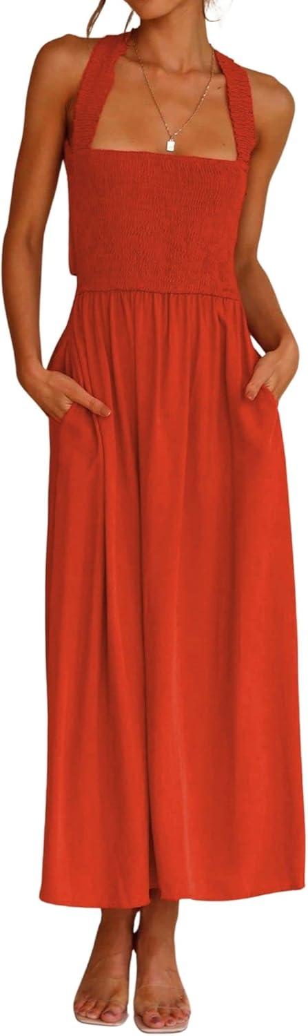 imageCHARTOU Women Sexy Spaghetti Strap Cut Out Smocked Dress Party Backless Flowy Midi Dress with PocketOrange