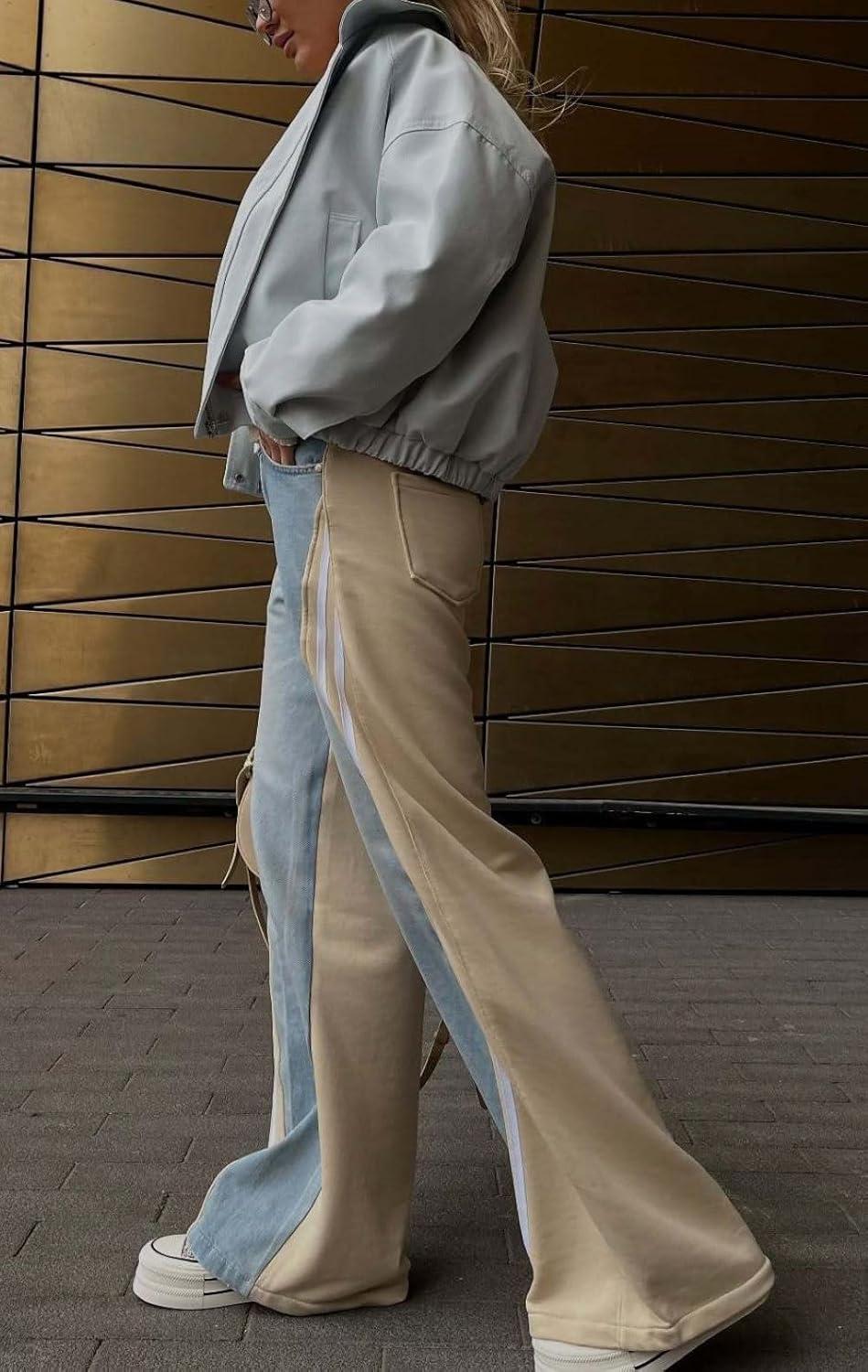 imageCHARTOU Women Side Stripes Patchwork Wide Leg Denim Pants High Rise Straight Jeans with PocketsLight Blue