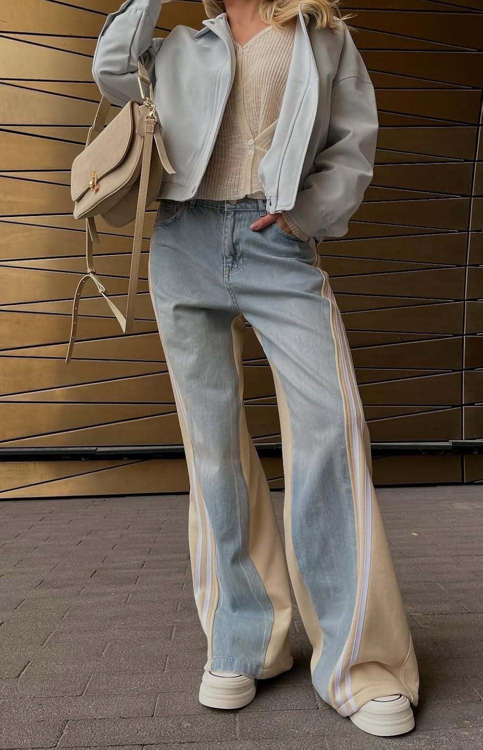 imageCHARTOU Women Side Stripes Patchwork Wide Leg Denim Pants High Rise Straight Jeans with PocketsLight Blue
