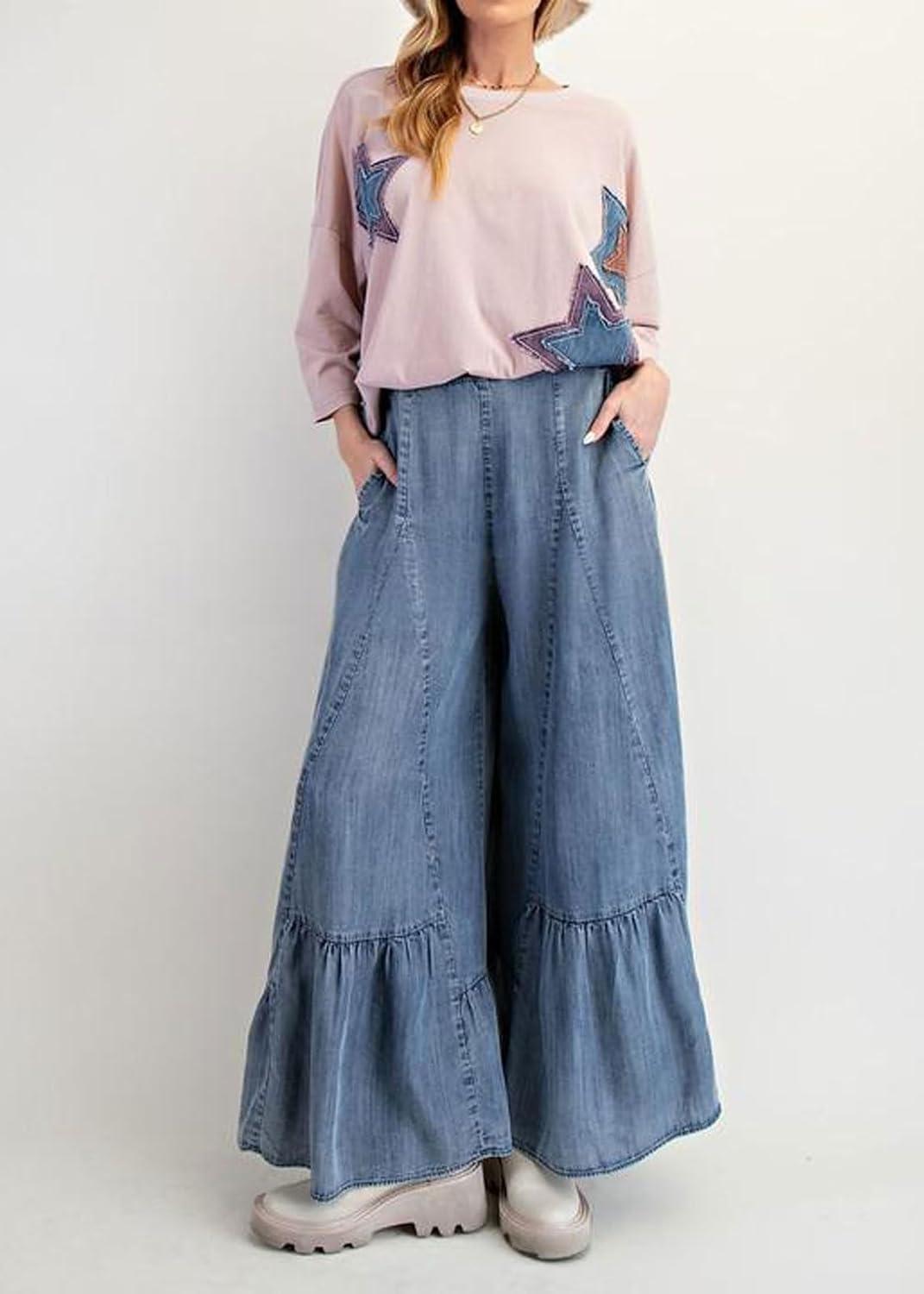 imageCHARTOU Women Wide Leg Baggy Patchwork Jeans Flowy Palazzo Ruffle Denim Flare Pants with PocketsBlue