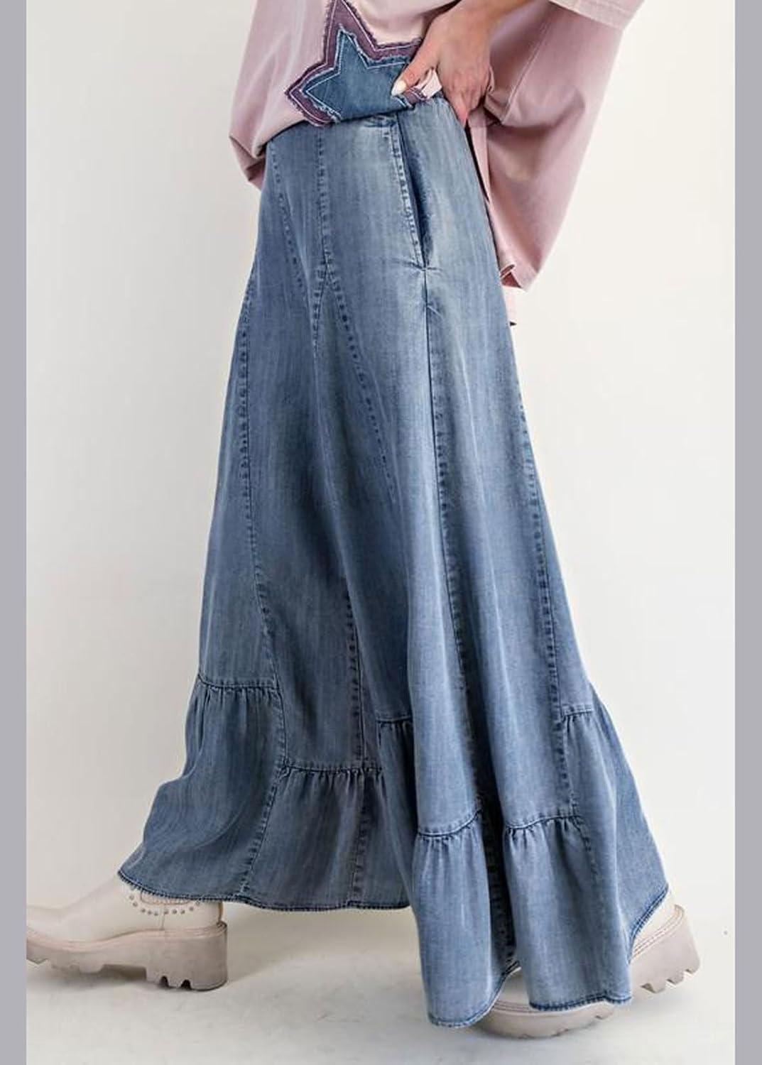 imageCHARTOU Women Wide Leg Baggy Patchwork Jeans Flowy Palazzo Ruffle Denim Flare Pants with PocketsBlue