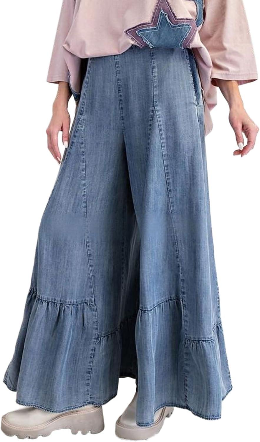 imageCHARTOU Women Wide Leg Baggy Patchwork Jeans Flowy Palazzo Ruffle Denim Flare Pants with PocketsBlue