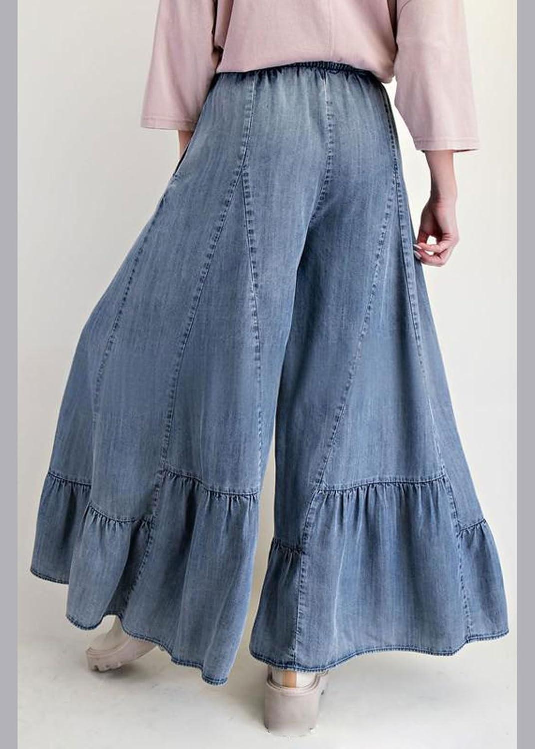 imageCHARTOU Women Wide Leg Baggy Patchwork Jeans Flowy Palazzo Ruffle Denim Flare Pants with PocketsBlue