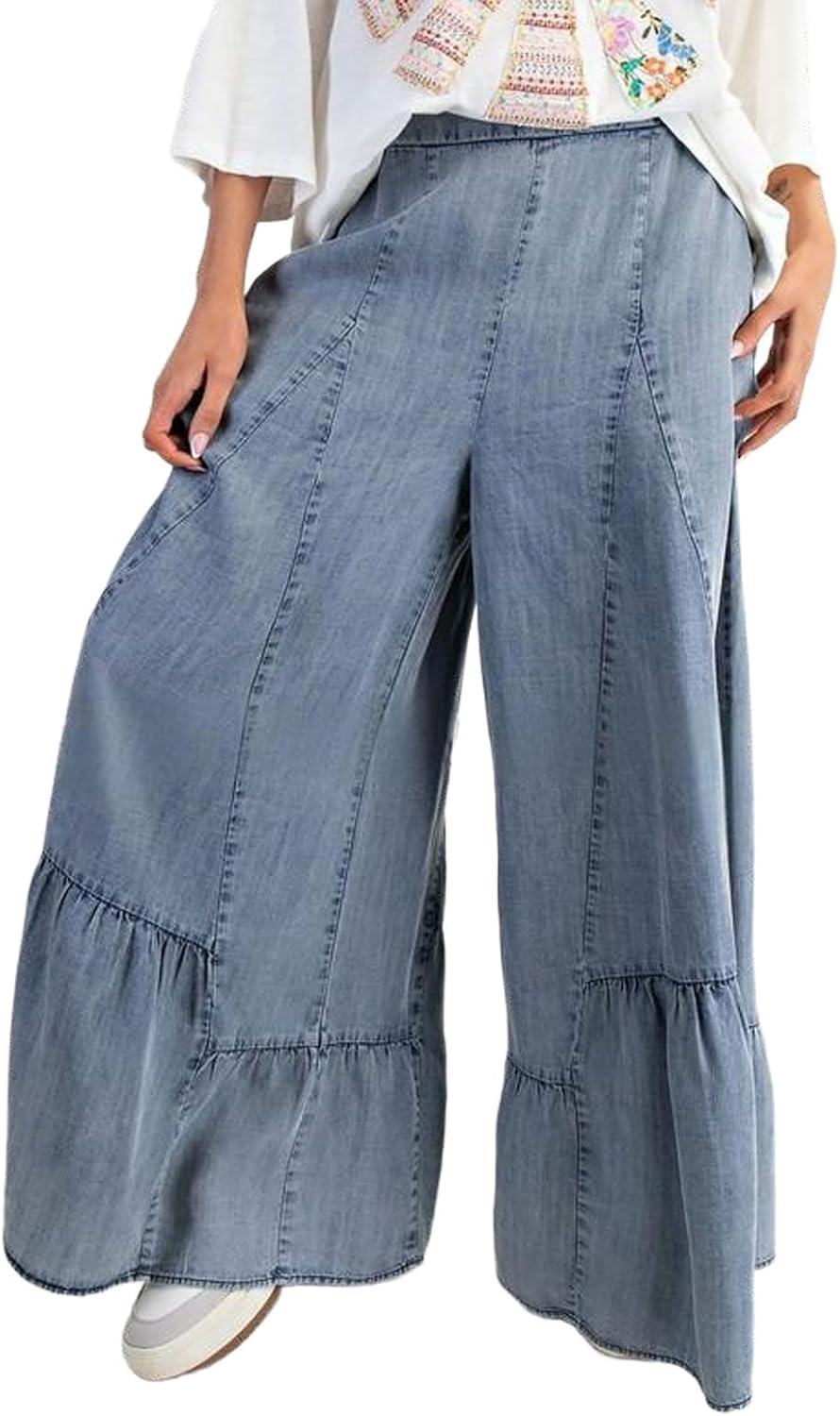 imageCHARTOU Women Wide Leg Baggy Patchwork Jeans Flowy Palazzo Ruffle Denim Flare Pants with PocketsLight Blue