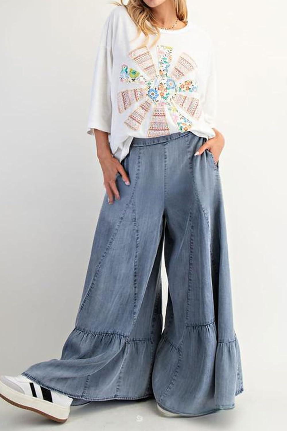 imageCHARTOU Women Wide Leg Baggy Patchwork Jeans Flowy Palazzo Ruffle Denim Flare Pants with PocketsLight Blue