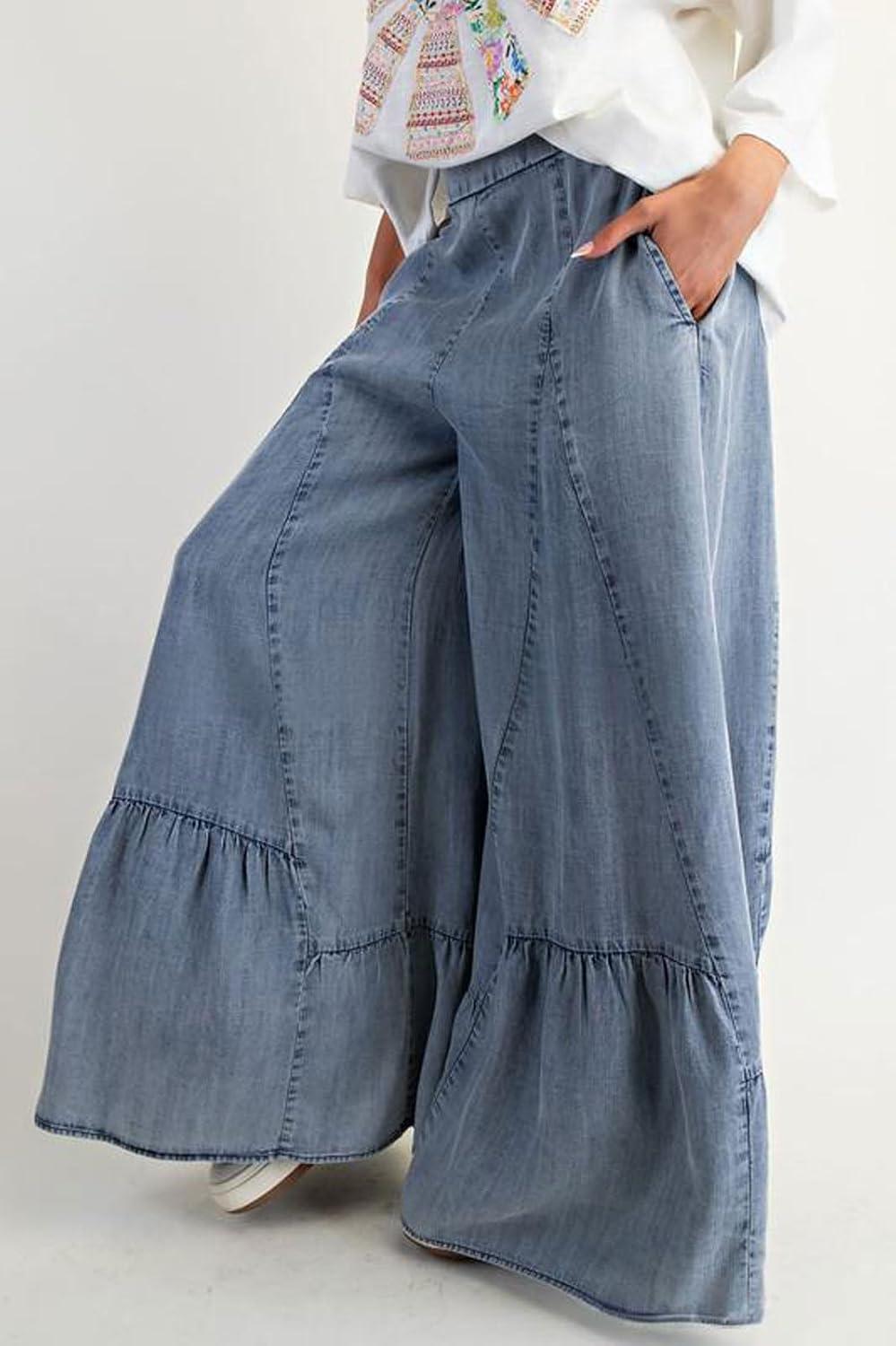 imageCHARTOU Women Wide Leg Baggy Patchwork Jeans Flowy Palazzo Ruffle Denim Flare Pants with PocketsLight Blue