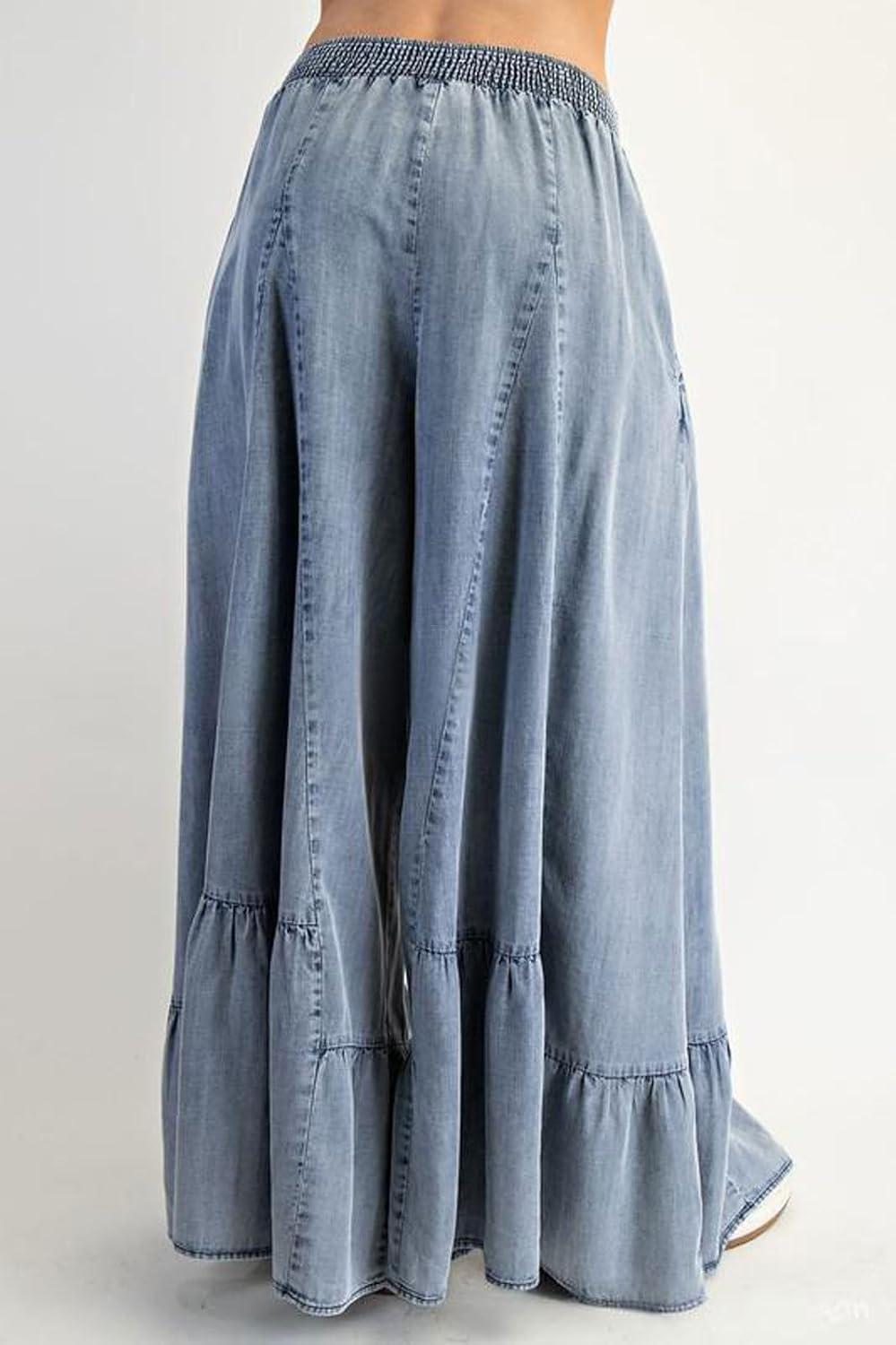 imageCHARTOU Women Wide Leg Baggy Patchwork Jeans Flowy Palazzo Ruffle Denim Flare Pants with PocketsLight Blue
