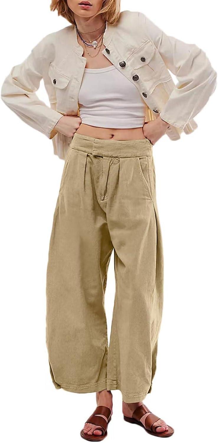 imageCHARTOU Womens Baggy Barrel Pant Wide Leg Horseshoe Ankle Jeans Mid Rise Harem Y2K Denim Pants with PocketsKhaki