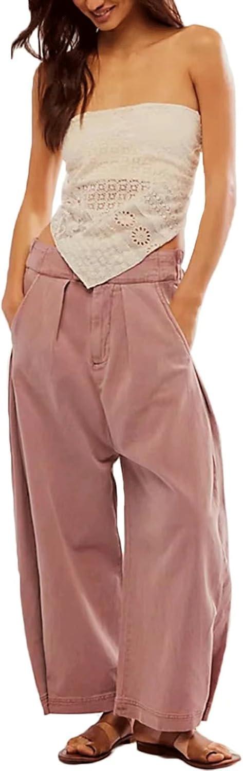 imageCHARTOU Womens Baggy Barrel Pant Wide Leg Horseshoe Ankle Jeans Mid Rise Harem Y2K Denim Pants with PocketsPink